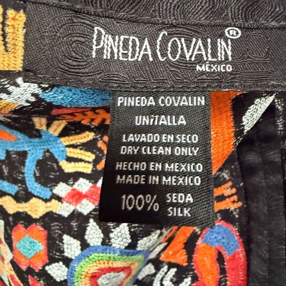 Pineda Covalin Mexico 100% Silk Poncho Huipil Huichol Spirit Pattern Black OS